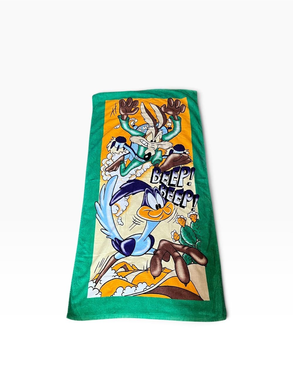 Vintage Looney Tunes Beach Towel Roadrunner Coyote Beep Beep Green 28.5”x58”